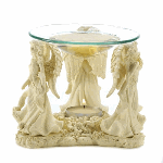 Fill a room with a truly heavenly scent. Three beautiful faux alabaster angels surround a votive candle as it warms your favorite oil in the clear glass dish. A divine bit of daily inspiration! 