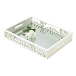 This charming tray's wooden frame is carved with 'Welcome Home" in beautiful script. The interior is mirrored for an esta splash of style, and it features two carring handles for easy transport.