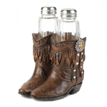 Add a little whimsy and spice to your home on the range with this cowboy boot shaker set. The glass and iron salt and pepper shakers fit snugly inside a pair of polyresin cowboy boots that will delight even the most gruff cowboys. 