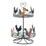 The possibilities are endless when you have this charming rooster circular rack on your kitchen counter. Fill it with spices or anything you want organized and looking neat. Its made from iron and the lower rack is wider than the top. You'll love the colorful roosters and pretty flourishes. 