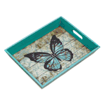Wow your guests when you serve snacks and drinks on this gorgeous tray. This wooden tray features a weathered finish and a blue butterfly design. The walls of the tray are finished in blue and feature easy-grip cutout handles. Also useable to display jewelry or decor items. Even leave it empty to show off the beautiful butterfly. 