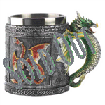 Medieval style mug is richly emblazoned with fearsome dragon motif and fiercely frowning serpent handle. A perfect decorative banquet cup for any Dragon King!