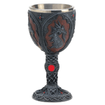 Fit to reign at the head of any grand banquet table, this bejeweled goblet beautifully recalls the tales of mighty kings and queens. Fantasy comes to life in every intricate detail of rich scrollwork, gleaming gems and a dragon’s head crest. Crafted of durable resin with removable stainless steel inner drinking cup.